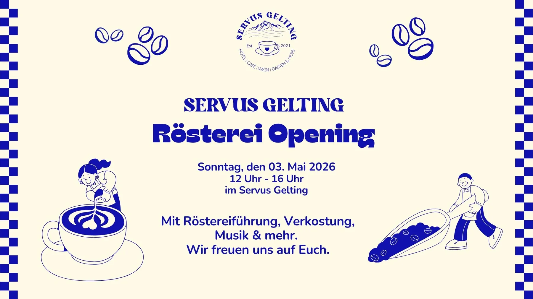Einladungsgrafik zum Rösterei Opening von Servus Gelting am Sonntag, 3. Mai 2026, von 12 bis 16 Uhr, mit Röstereiführung, Verkostung und Musik — in Blau auf Creme gezeichnet, mit einer Tasse Latte Art und einem Mann, der eine Schaufel Kaffeebohnen trägt.